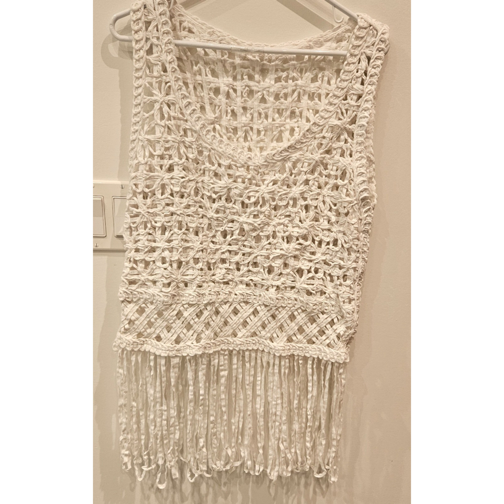White Crochet Fringe Tank Top Western Boho Bohemian Beachy Womens S (tags